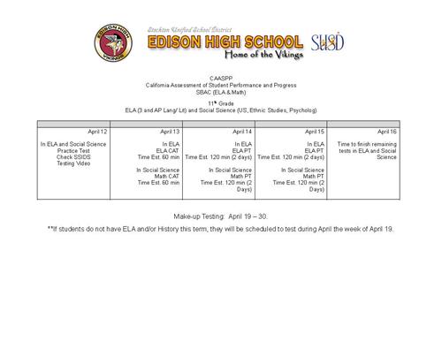 11th Grade Testing Schedule 